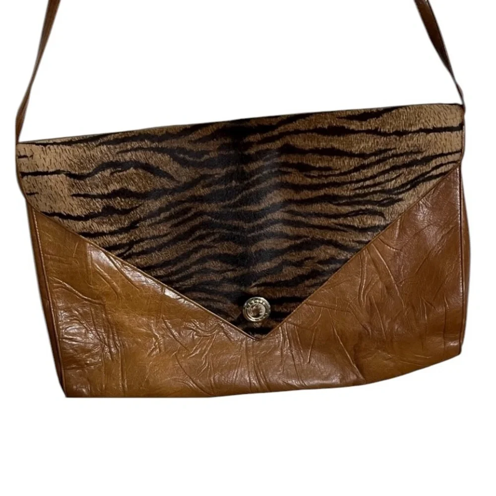Gabriella cognac Brown leather animal print envelope crossbody bag communter bag